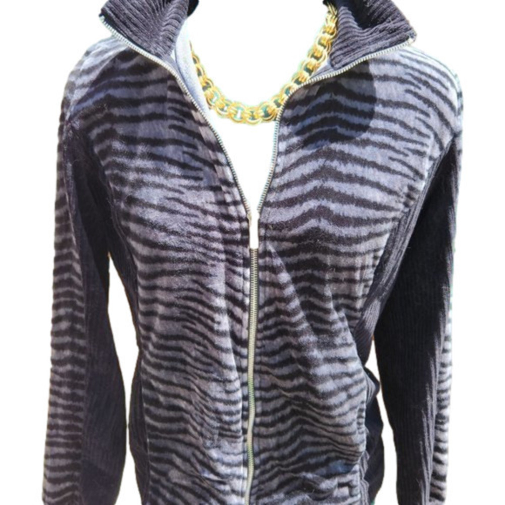 Jones New York Black and Gray Zebra Velvet Zip Bomber Jacket